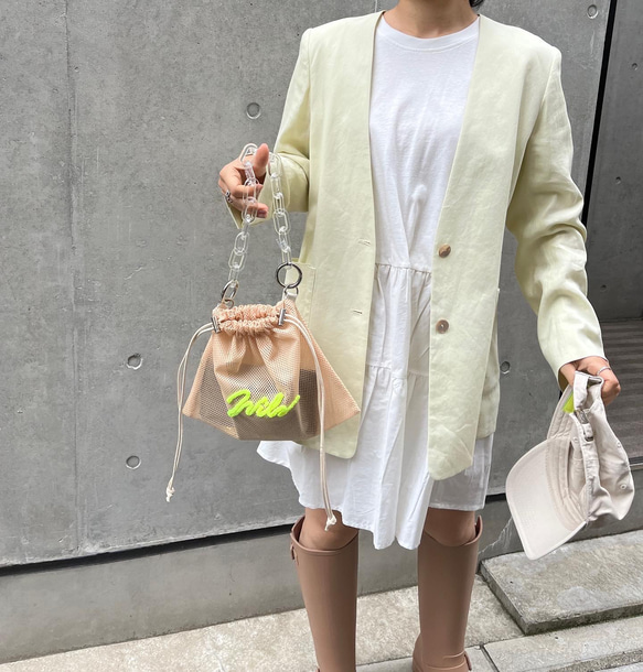 wiLc mesh KINCHAKU Bag (beige × neon yellow)　※チェーン別売り 8枚目の画像