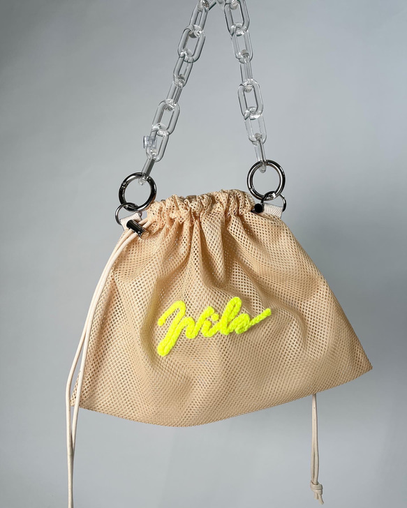 wiLc mesh KINCHAKU Bag (beige × neon yellow)　※チェーン別売り 3枚目の画像