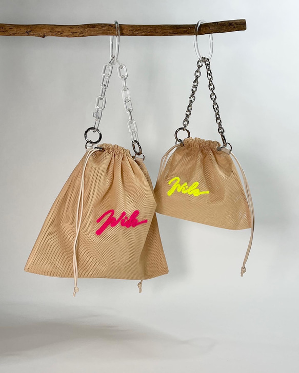 wiLc mesh KINCHAKU Bag (beige × neon yellow)　※チェーン別売り 12枚目の画像