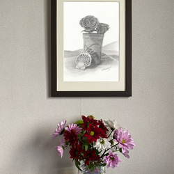 デッサンアート「バラと陶器と2枚貝」A4ポスター。 3枚目の画像
