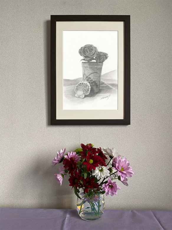 デッサンアート「バラと陶器と2枚貝」A4ポスター。 3枚目の画像