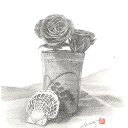 デッサンアート「バラと陶器と2枚貝」A4ポスター。 1枚目の画像