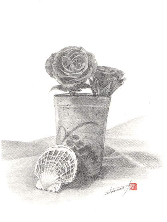 デッサンアート「バラと陶器と2枚貝」A4ポスター。 イラスト アトリエ