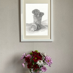 デッサンアート「バラと陶器と2枚貝」A4ポスター。 2枚目の画像