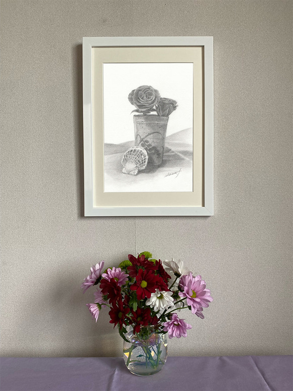 デッサンアート「バラと陶器と2枚貝」A4ポスター。 2枚目の画像