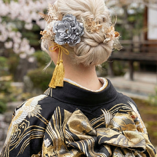 シャクヤクシルバー髪飾り 銀箔プレゼント 水引 成人式髪飾り 振袖