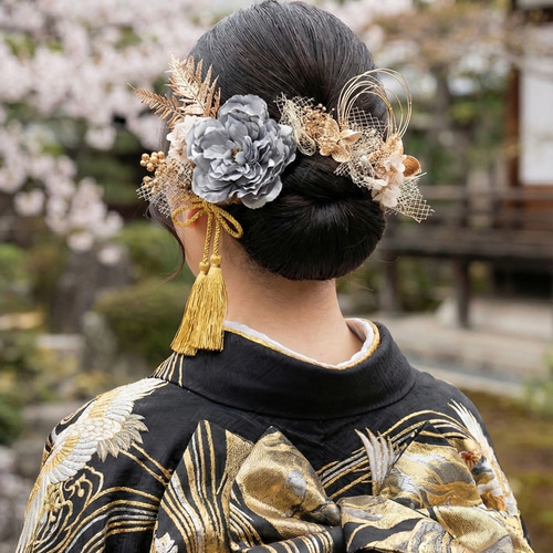 シャクヤクシルバー髪飾り 銀箔プレゼント 水引 成人式髪飾り 振袖