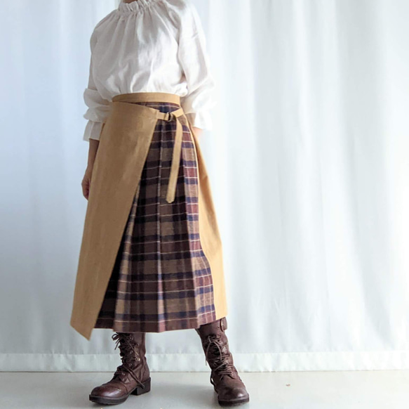 細見え巻きスカート（タックスカート）ブラウンチェック✕マスタード 3枚目の画像