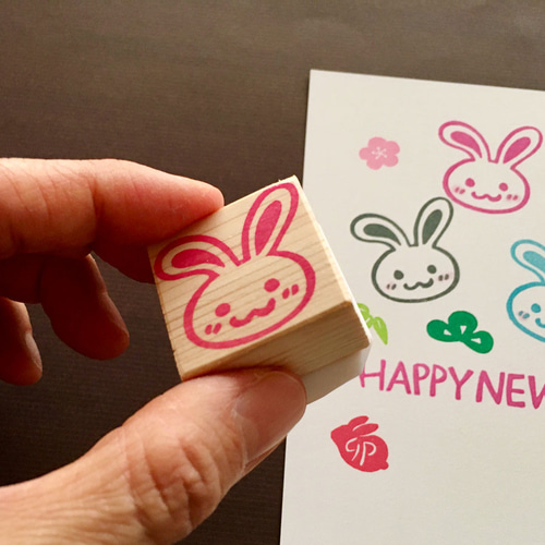 レトロうさぎ お祭り ありがとう 消しゴムはんこ かわいいうさぎの顔の消しゴムはんこ