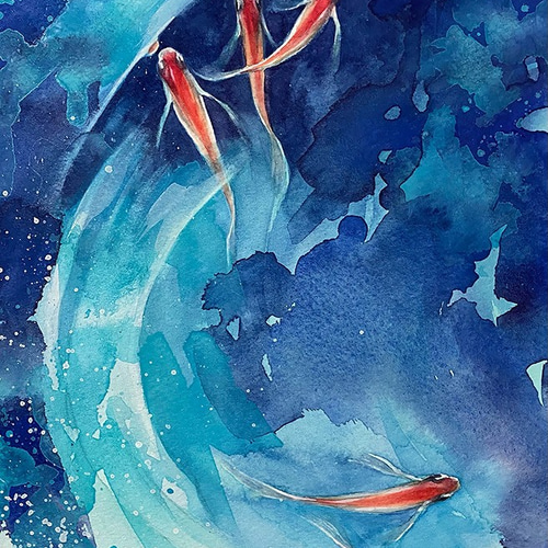 水彩アート「赤メダカ」A4ポスター。 イラスト アトリエライジュ 通販