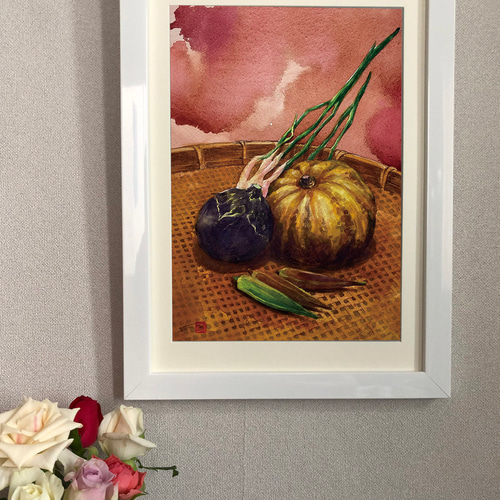 水彩アート「夏野菜 Ⅱ」1点物、手描き、真筆。 絵画 - 絵画