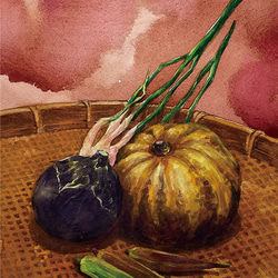 水彩アート「夏野菜　Ⅰ」1点物、手描き、真筆。 水彩画 夏野菜 - ちろとまろんの水彩画