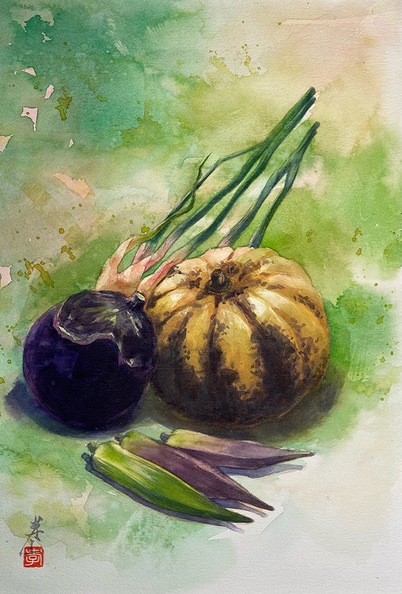 水彩アート「夏野菜Ⅱ」A4ポスター。 1枚目の画像
