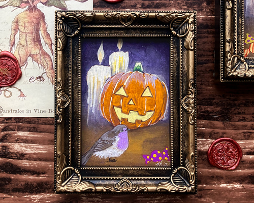 原画 カボチャさんとおしゃべり/ハロウィン 絵画 インテリア 鳥 絵画