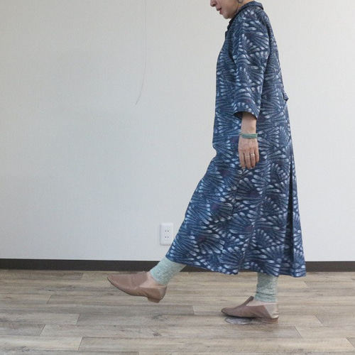 着物リメイク 抽象花模様紬オープンカラーワンピース ワンピース