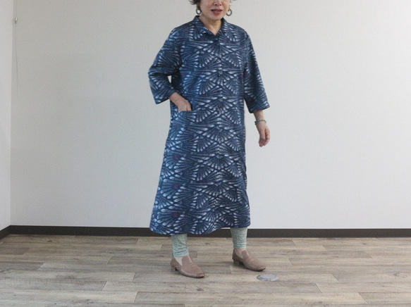 着物リメイク 抽象花模様紬オープンカラーワンピース ワンピース