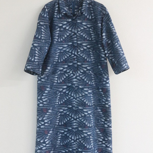 着物リメイク 抽象花模様紬オープンカラーワンピース ワンピース