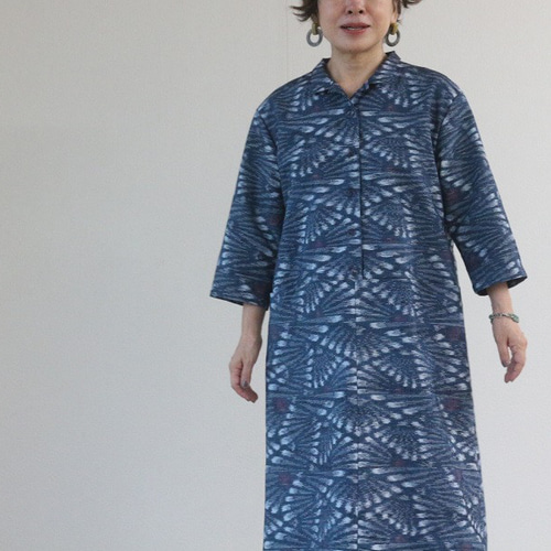 着物リメイク 抽象花模様紬オープンカラーワンピース ワンピース
