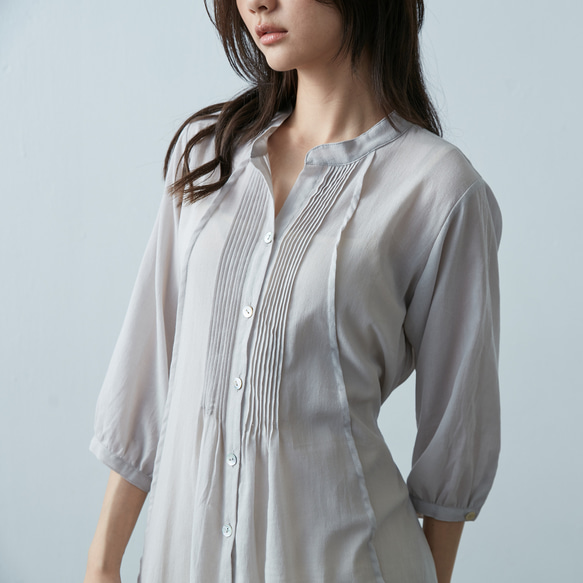 七分袖細褶洋裝 - 杏灰  Pleated 3/4 length sleeve 2 way dress - Gary 第1張的照片