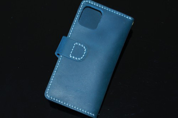 handmade手縫い本革 iphone12mini手帳カードいれケースブルー限定1点 3枚目の画像