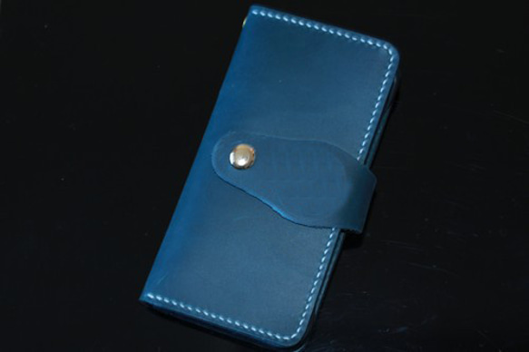 handmade手縫い本革 iphone12mini手帳カードいれケースブルー限定1点 1枚目の画像