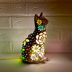 猫型ランプシェード(星空の白猫 花) 6枚目の画像