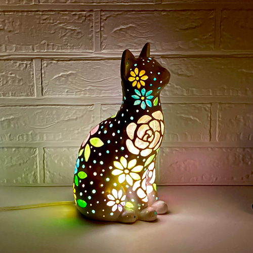 猫型ランプシェード(星空の白猫 花) スタンドライト・テーブル