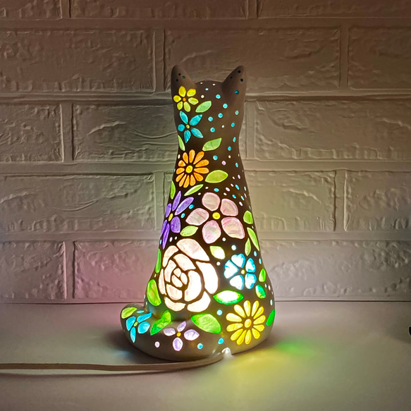 猫型ランプシェード(星空の白猫 花) スタンドライト・テーブルランプ