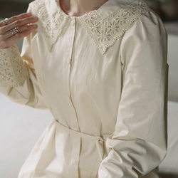 クリーミーなアプリコットレース刺繍入りドールカラードレス ロマンティックスイートスプライシングカフスハイウエストルーズドレス 7枚目の画像