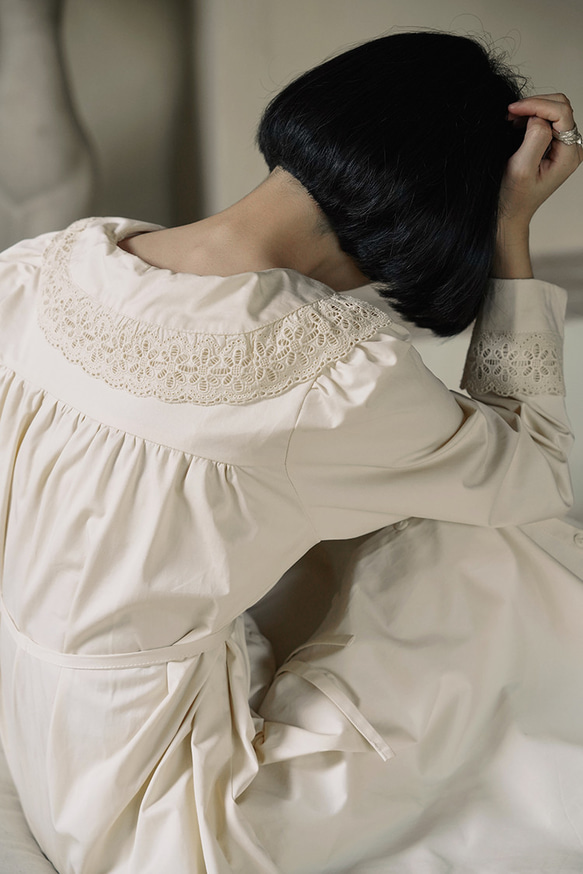 クリーミーなアプリコットレース刺繍入りドールカラードレス ロマンティックスイートスプライシングカフスハイウエストルーズドレス 8枚目の画像