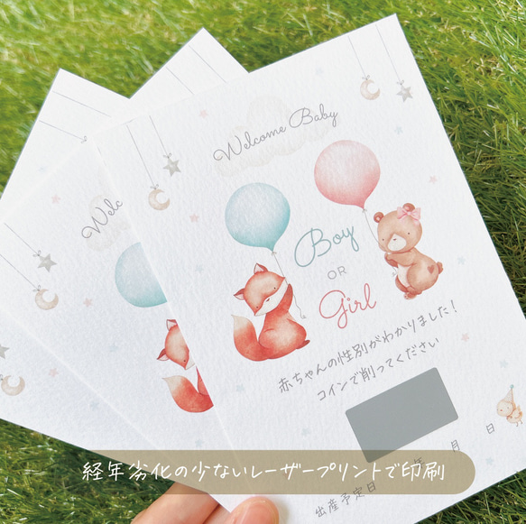 ジェンダーリビールカード＊赤ちゃんの性別発表＊スクラッチポストカード♪女の子・男の子用・ふたご用・事前購入用・三つ子用 5枚目の画像