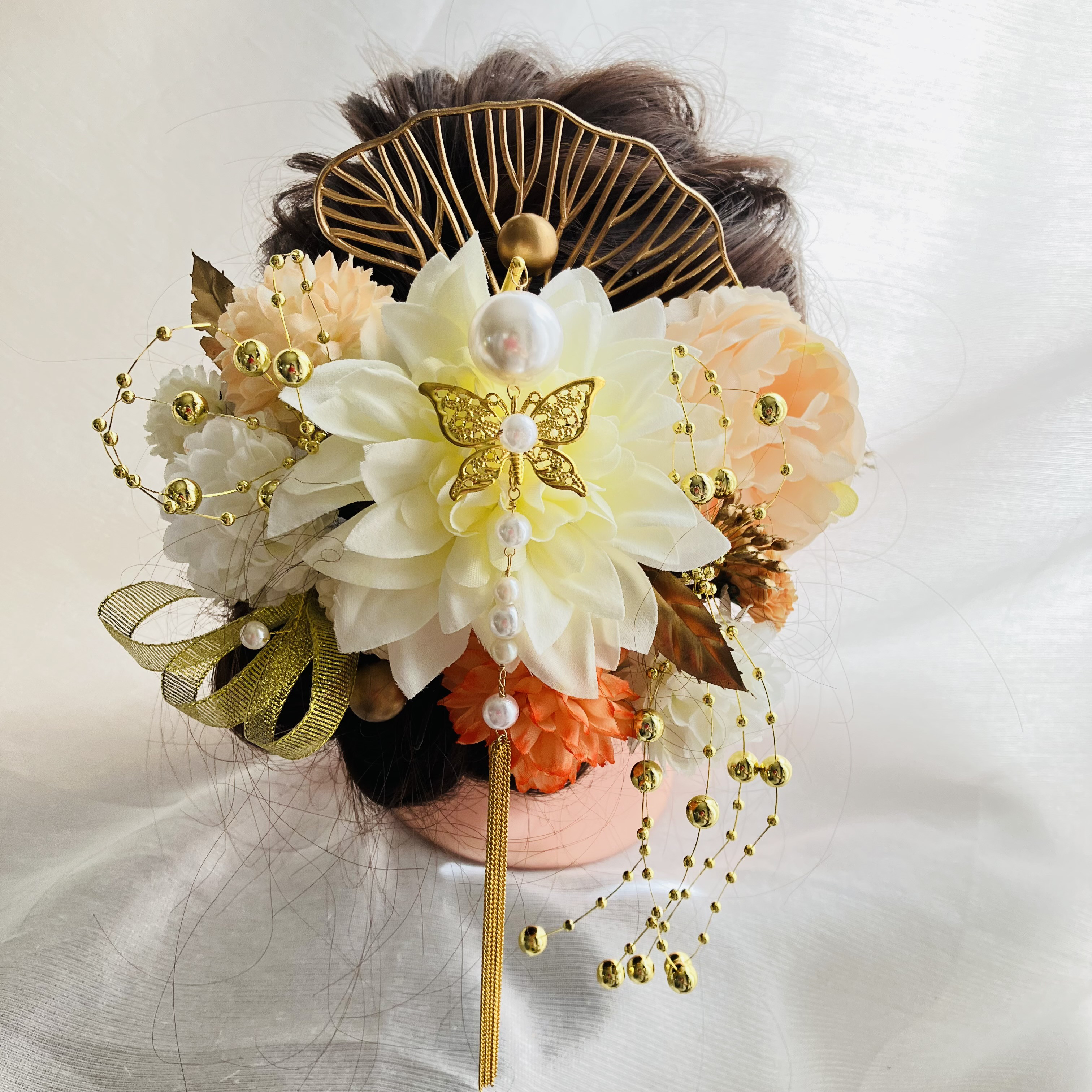 揺れるパール簪【成人式髪飾り】【結婚式髪飾り】【卒業式髪飾り】【ウェディング】簪　水引　金箔　振袖　袴　チュール　成人式