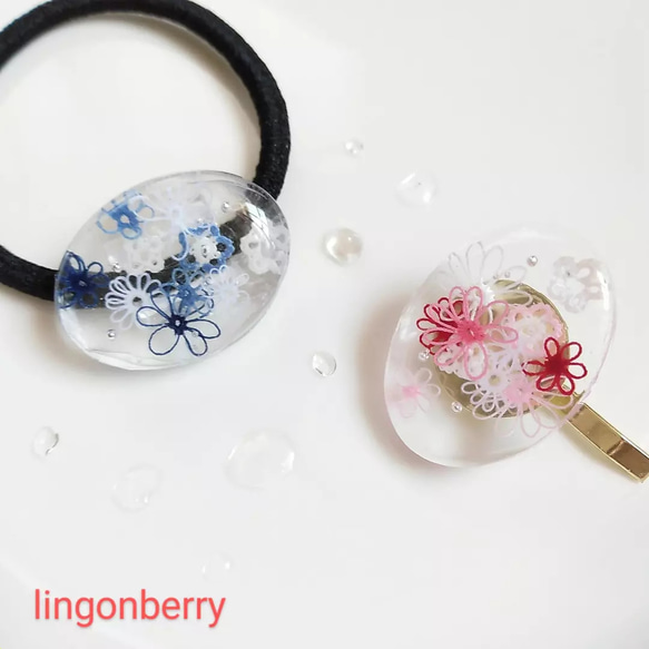 タティングレース ヘアゴム ポニーフック レジン❀.*・゜ ❁water garden❁ タティングレースとレジンのヘアアクセサリー