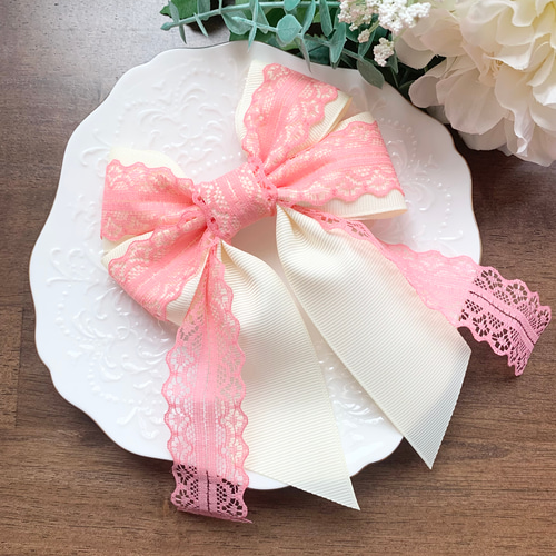 グレースリボン 黄色 ピンク 水色 レース リボンヘアアクセサリー