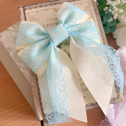 グレースリボン 黄色 ピンク 水色 レース リボンヘアアクセサリー