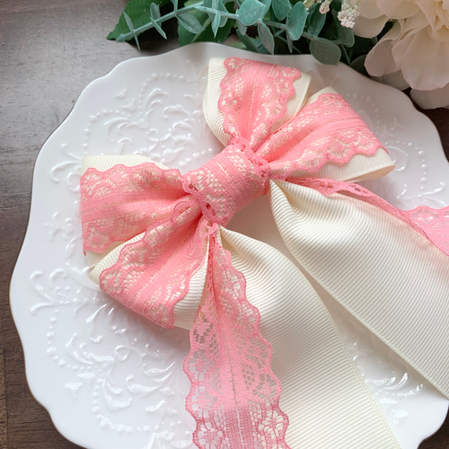 ハンドメイド♡花柄ファブリックリボンレースポニー ハンドメイド♡花柄ファブリックリボンレースポニー