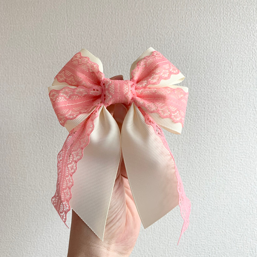 ハンドメイド♡花柄ファブリックリボンレースポニー 475»◤完売◢ポニーフック◢ラッピング無料◢髪飾り*インド刺繍リボン