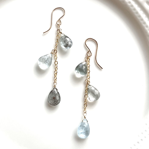 14kgf モスアクアマリン 3連ピアス