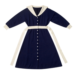 海軍藍 法式復古撞色娃娃領針織洋裝 大V領高彈力腰帶修身連身裙 第2張的照片