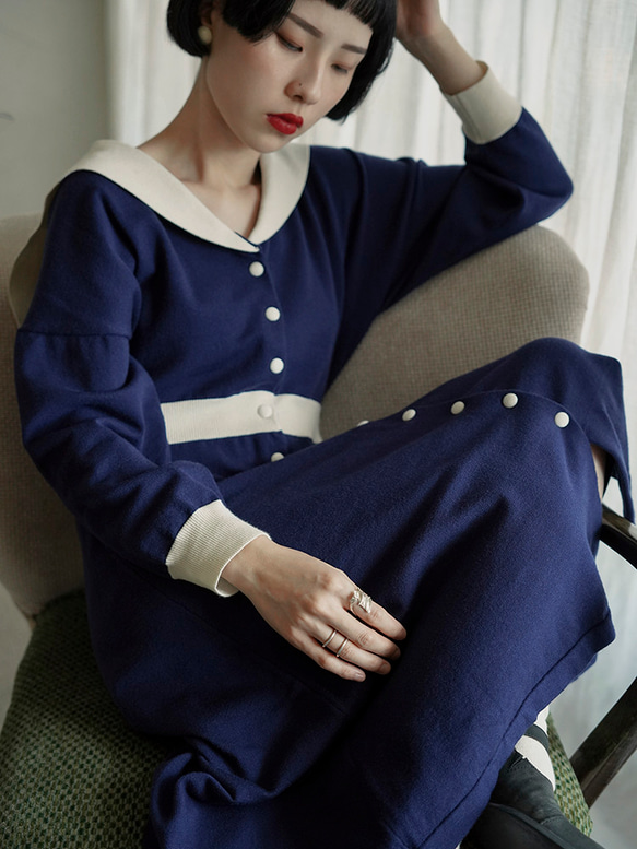 ネイビーブルー Vネックドレス