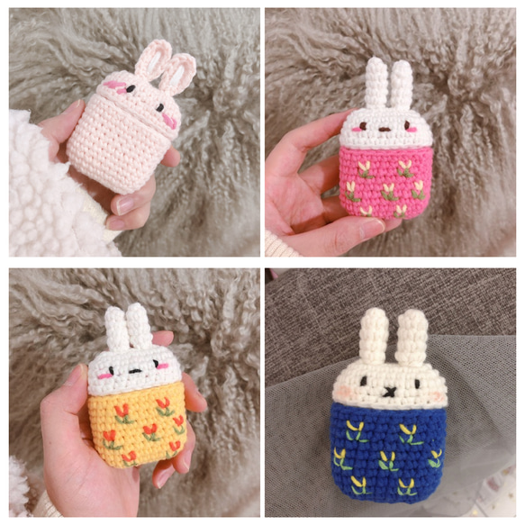 4色花柄のドレスを着たうさぎ☆AirPods 1/2/3/pro ケースcase☆桜ハンドメイド2023春色新作2023 1枚目の画像