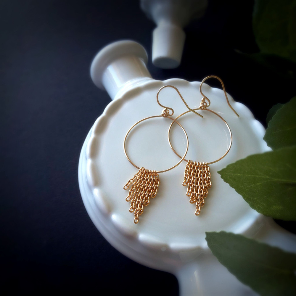 ドリームキャッチャー ピアス（イヤリング） ✧ 14kgf フープ×チェーンタッセル