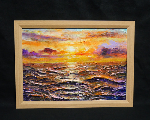 【真作】絵画　油彩6号　黄昏の水辺　柔らかな夕陽が映る風景　U193 海辺の夕日】#油彩画 #芸術 #油絵 #絵 #アート #oilpainting #oil