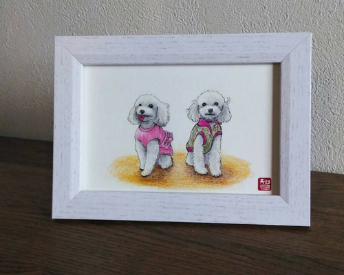 トイプードル白】双子のトイプードル 原画 額あり イラスト hinako