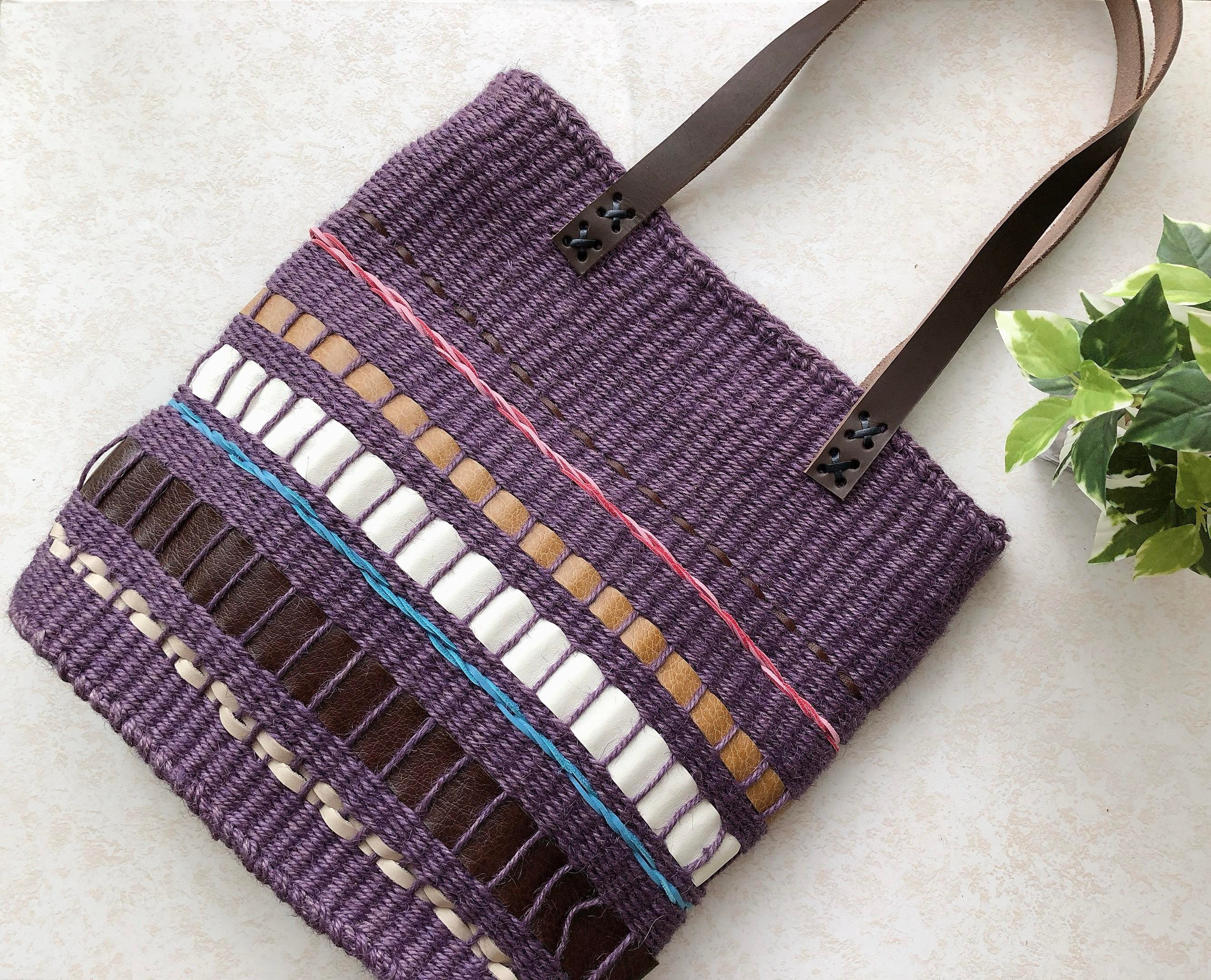 【一点物】手染め麻ひもかごバッグ　A4サイズ肩掛けバッグ　紫