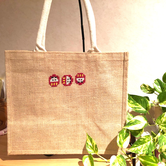 トート バック クロスステッチ だるまさん 刺繍 トートバッグ スマイル