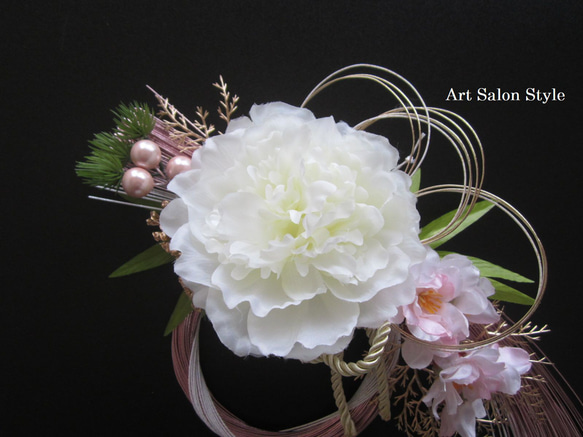 【お正月ハンドメイド2024】桜とピオニー　薄紫白の水引飾り 3枚目の画像