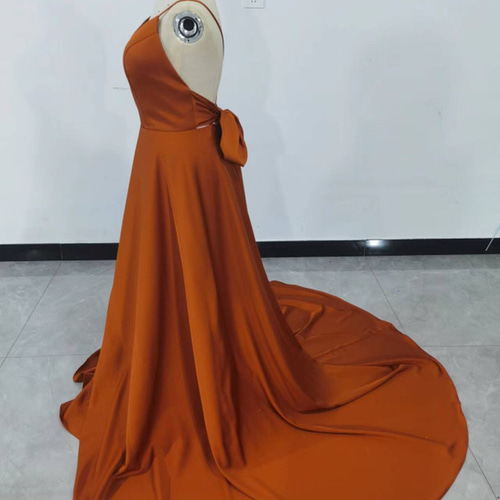 高品質！パーティードレス テラコッタ色 リボン 背中見せ 前撮り結婚式  