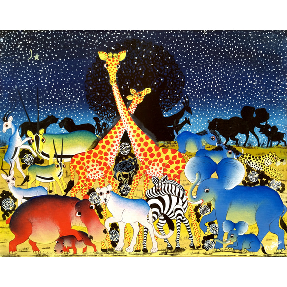 アフリカ絵画 『 Animals meeting 』ティンガティンガ by Mabusa