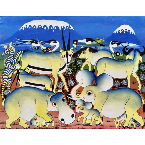 アフリカ絵画『 Kili & animals 』ティンガティンガ by Mustapha